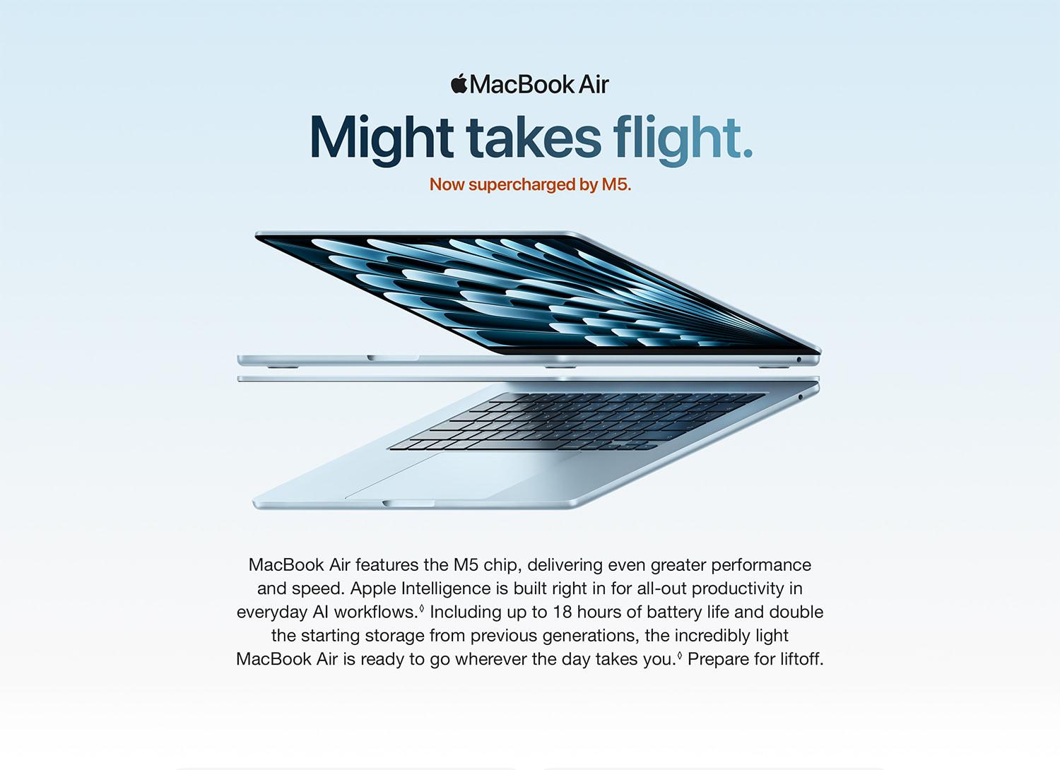 Apple MacBook Air with M5 hero image showing the ultra-thin laptop floating open in Sky Blue against a light background with the headline “Might takes flight” and copy highlighting Apple Intelligence, all-day battery life, and enhanced performance.